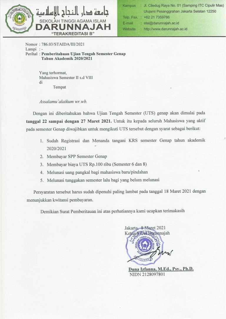 Pemberitahuan Ujian Tengah Semester (UTS) Genap Tahun Akademik 2020/2021